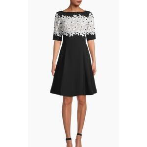 Shani Black White Lace Eyelet Fit & Flare Crepe A-Line Dress Womens US 6